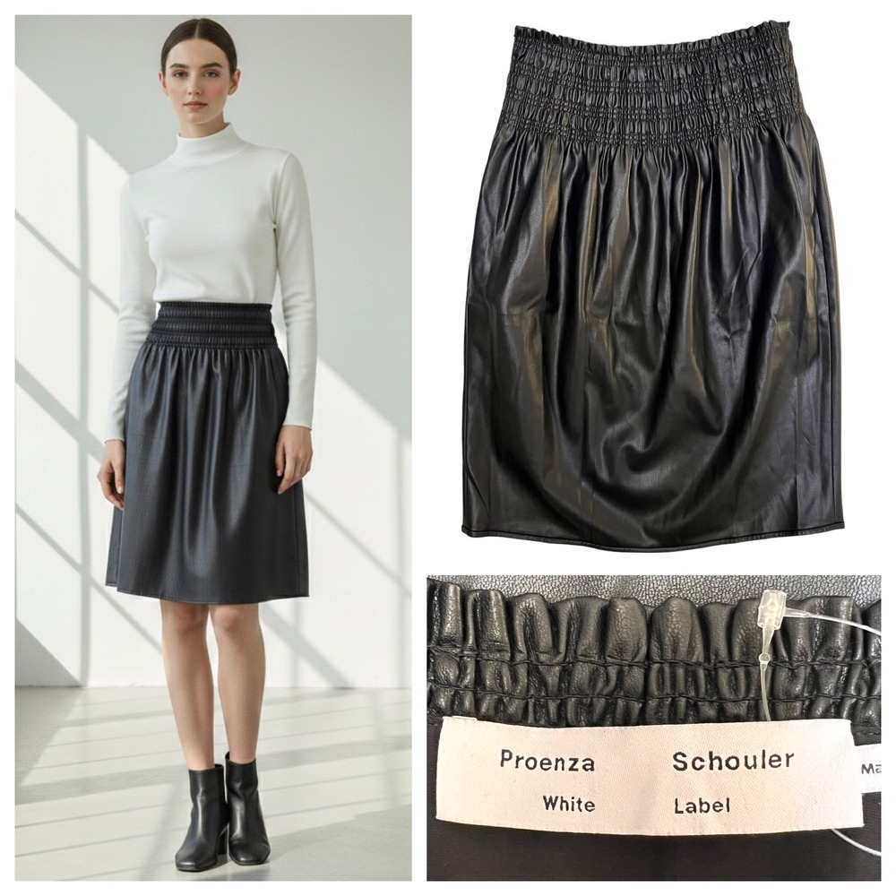 Proenza Schouler Black Vegan Leather Smocked Midi Skirt Office Siren Old Money S